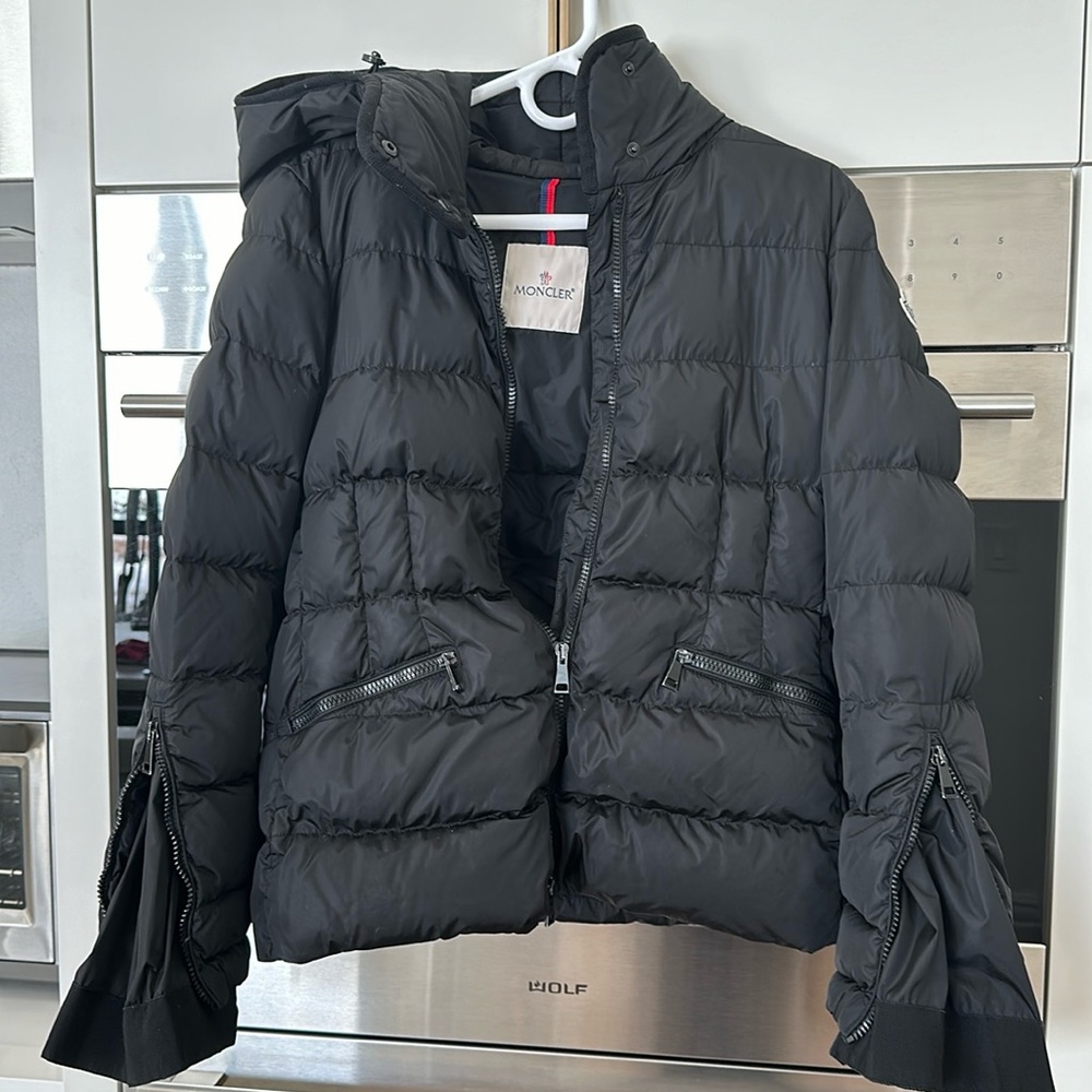 Moncler black down jacket with hood. Moncler size 2 =.    small/mediun